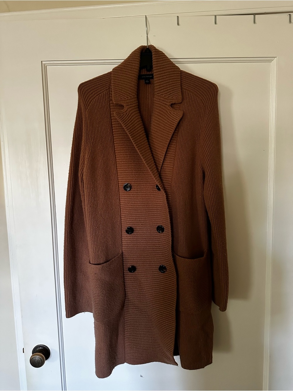 Ann Taylor Factory Chestnut Brown Double-Breasted Knit Blazer Coat